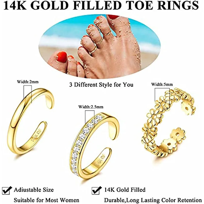 12PCS 14K Gold Plated Toe Rings for Women Adjustable Band Rings Open F –  KIKLI Fashions