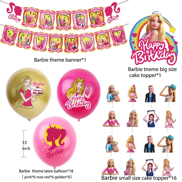 Décoration de fête d'anniversaire princesse Barbie pour filles, ballons,  fournitures de fond, bannière, décorations de gâteau, fête préChristophe
