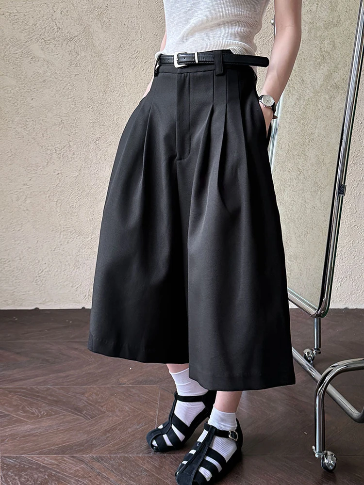 [EAM] High Waist Gray Brief Pleated Wide Leg Calf-Length Pants New Trousers Women Fashion Tide Spring Autumn 2026 1DJ0997