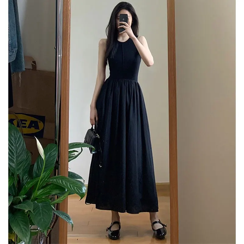 

Chiffon Elegant Solid Color Dresses Spring Autumn Black Long Dress Women Fashion All-match Sleeveless Midi Dress Female