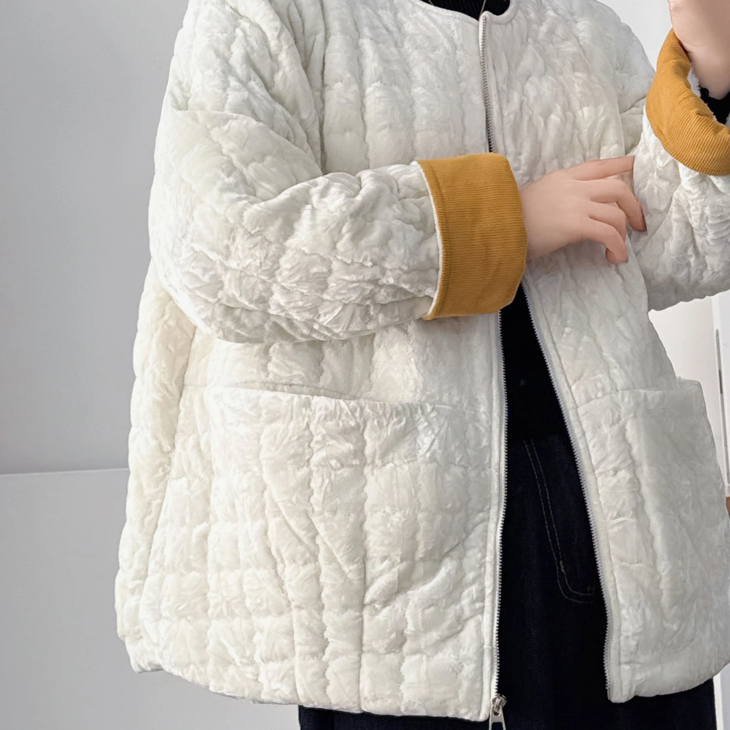 XXXXL Fashion Plus Size Women's Parkas Winter Pleuche Color Blocked Fleece Warm Collarless Coat Casual Padded Jacket 555