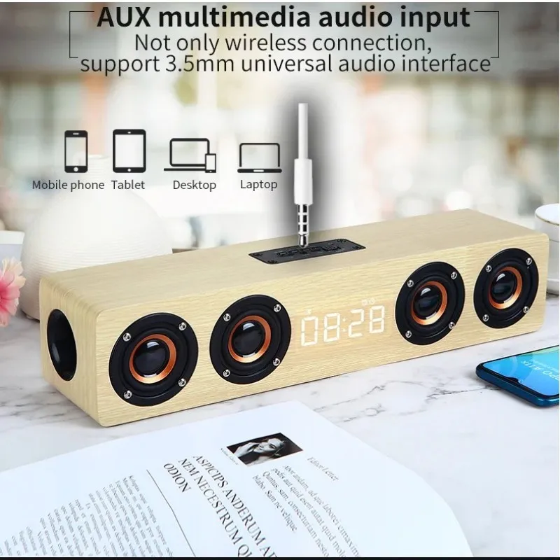 W8C 12W Wooden Bluetooth Speaker With 4 Loudspeakers 52mm Diameter TF Card Playback 3.5mm AUX Audio Input FM Radio Clock_voghion.com