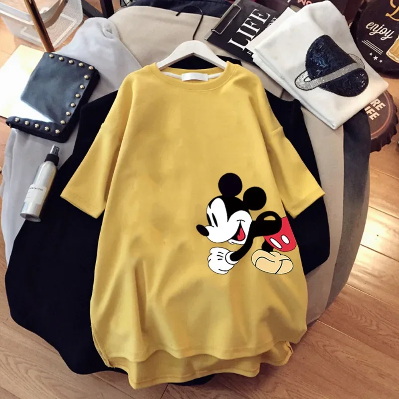 Girl Mickey T-shirt Summer Cartoon Mid-length Short-sleeved T-shirt Women's New Mickey Loose Large Size Half-sleeve Disney Top