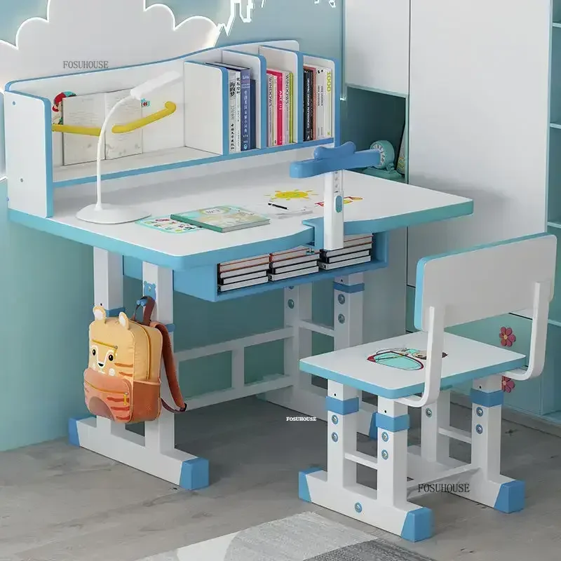 Liftable Children Tables with Bookshelf Children's Desk Set Home Children's Homework Desk and Chair Simple Learning Writing