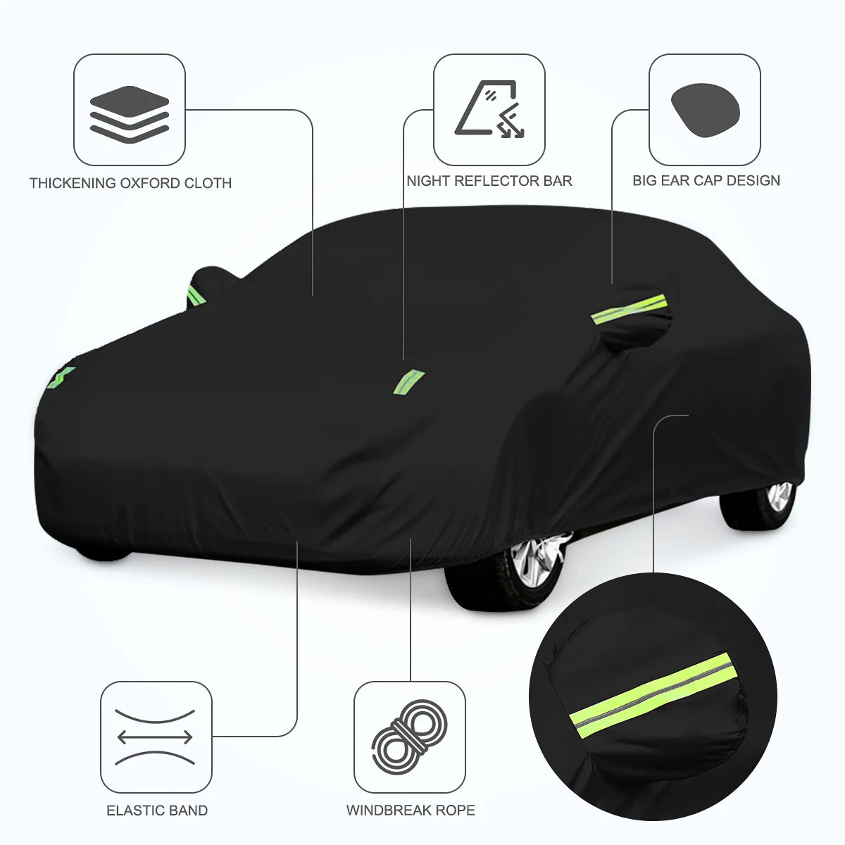 

190T Polyester Car Cover Full Exterior Black Auto Cover Sunshade Dustproof Protection With Reflective strips Universal For Sedan