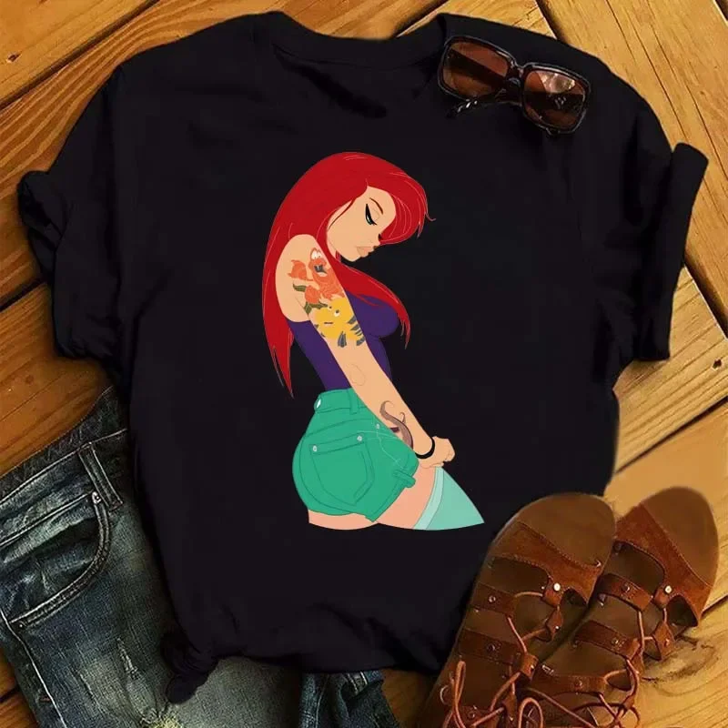 thumbnail image 1 of Nuevas camisetas de moda para mujer, camiseta con estampado de princesa Punk, ropa de manga corta, camiseta Kawaii de Disney, camisetas para mujer, ropa de calle, 1 of 5