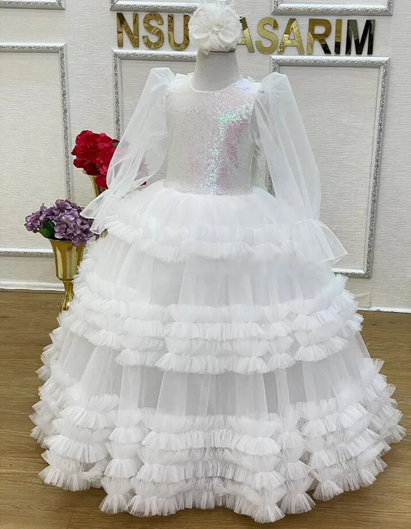 

White Tulle Glitter Bow Baby Girl Dress O Neck Long Sleeve Infant First Birthday Party Gown Kid First Communion Dress Photoshoot