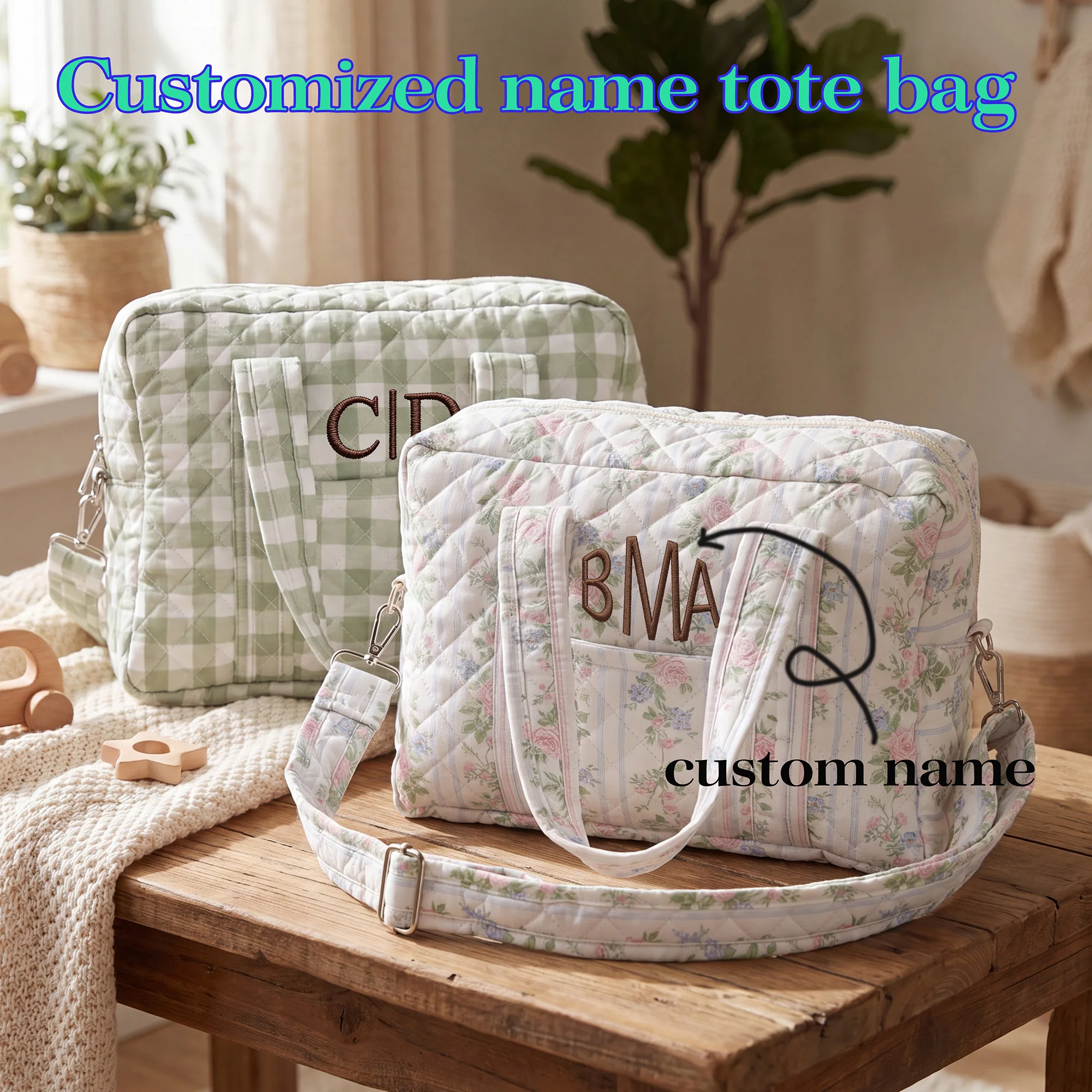 1 borsa per pannolini personalizzata con nome ricamato, borsa tote trapuntata floreale per mamma, borsa da viaggio per neonati a grande capacità con tasche multiple