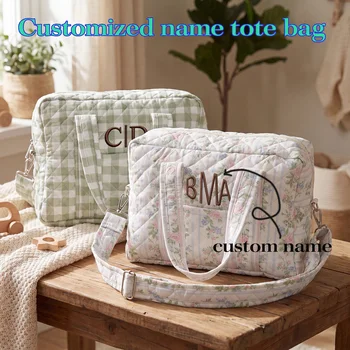 1 borsa per pannolini personalizzata con nome ricamato, borsa tote trapuntata floreale per mamma, borsa da viaggio per neonati a grande capacità con tasche multiple