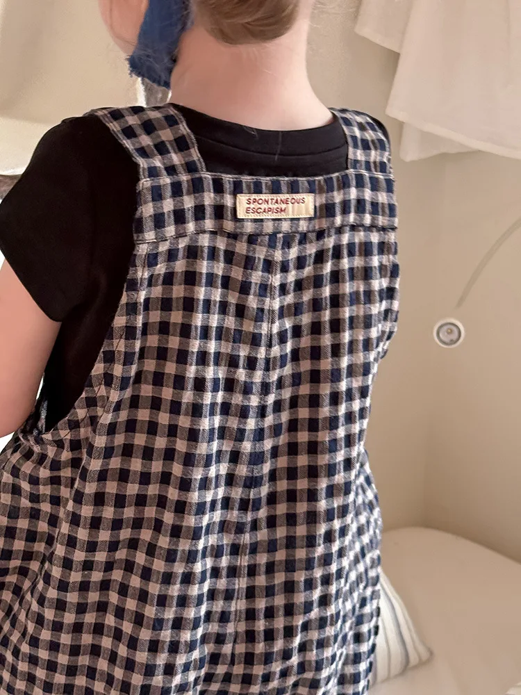 2025 Spring New Children Plaid Overalls Cotton Boys Thin Casual Pants Breathable Baby Girls Loose Strap Trousers Kids Clothes