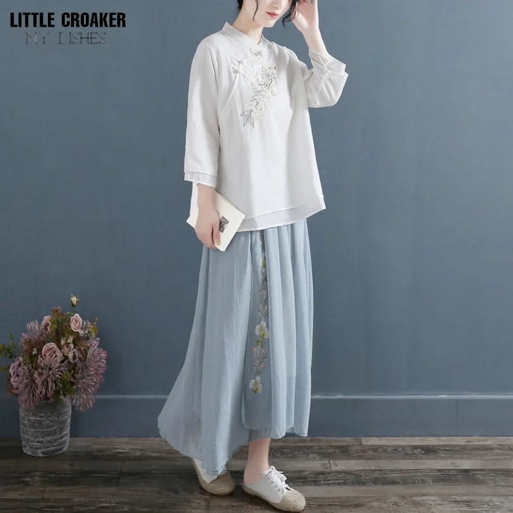Autumn Double Layers Ladies Cotton Linen Shirt Blouse Chinese Traditional Women's Formal Tang Costume Pink Green White Hanfu Top
