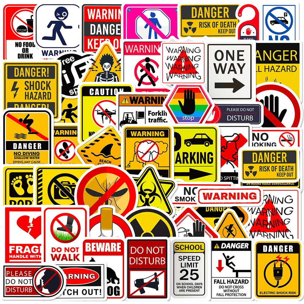 

10/30/50PCS Warning Signs Cartoon Stickers Danger Banning Reminder Decal Waterproof Graffiti Laptop Luggage Phone Sticker Toys