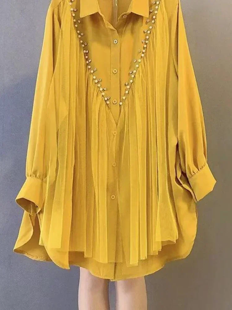 2024 New Women High Quality Mesh Studded Beads Turn Down Collar Dress 2024 Summer New Women's White Temperament Shirt Dresses