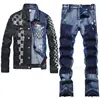 Patchwork Color-block Men's Jeans Sets, Printing 2pcs Set, Long Sleeve Denim Jacket and Straight Micro-flared Jeans, Spring 1