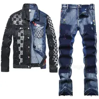 Patchwork Color-block Men's Jeans Sets, Printing 2pcs Set, Long Sleeve Denim Jacket and Straight Micro-flared Jeans, Spring 1