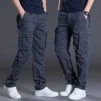 2024 New Large Pocket Loose Overalls Men's Outdoor Sports Jogging Tactical Pants Elastic Waist Pure Cotton Casual Work Pants 1