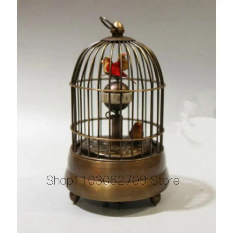 

collectable Decorated Old Copper Carved Bird In Cage Mechanical Table Clock