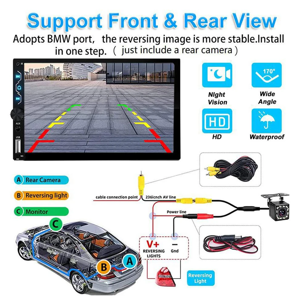 7 인치 무선 자동차 라디오 스테레오 2 Din HD 터치 스크린 Carplay 안드로이드 자동 자동차 비디오 플레이어 후면보기 카메라 블루투스 FM