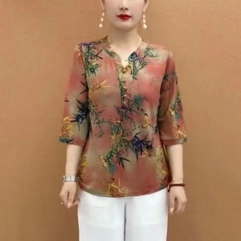 2024 Summer New 3/4 Sleeve Shirt Fashion Commute All-match Ice Silk Elastic Printed Button Round Neck Loose Women's Blouses Tops