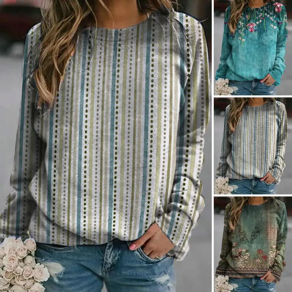 

Ethnic Sweatshirt Vintage Floral Striped Print Sweatshirt Ethnic Style Loose Pullover for Women Long Sleeve T-shirt Blouse Women
