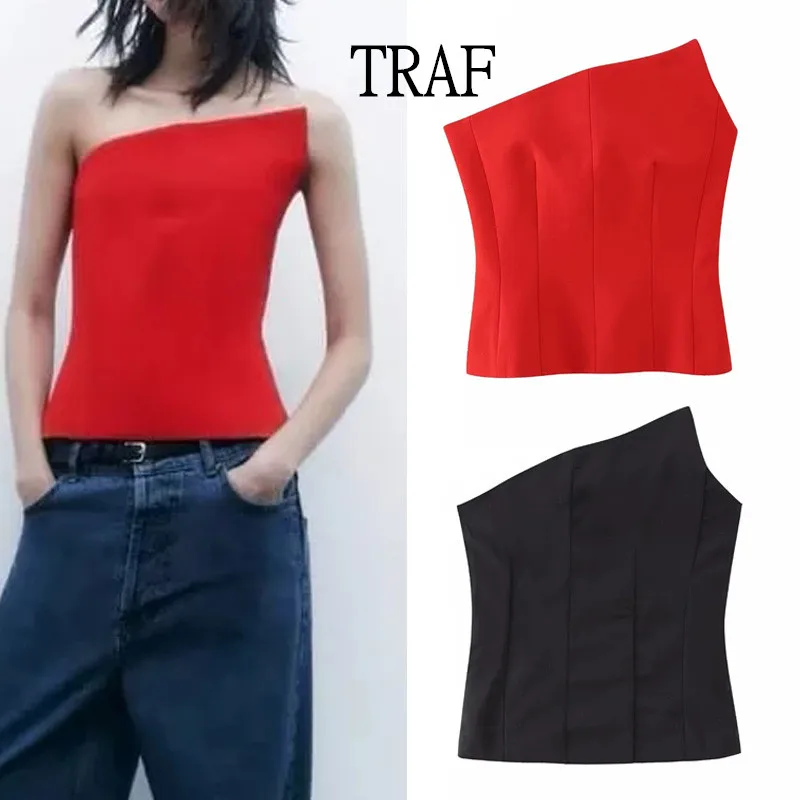 

Асимметричный корсет-топ TRAF 2023, женские черные укороченные топы с открытой спиной, Женский пикантный топ с открытыми плечами, женские красные бюстье, топы, Женская майка