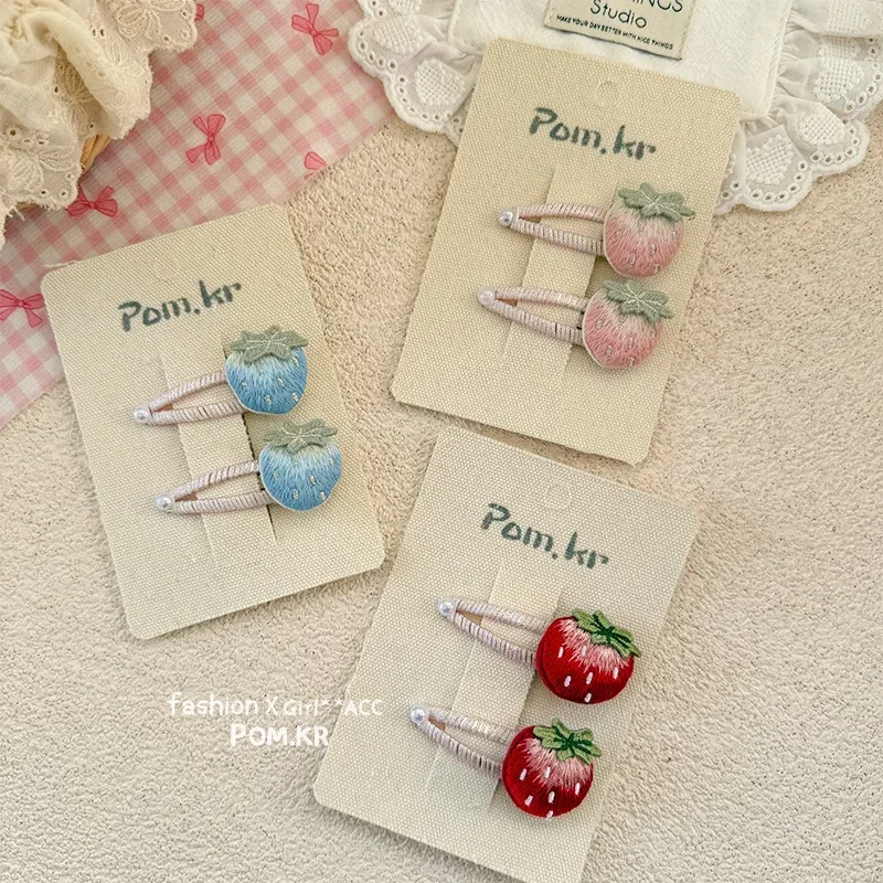 2pcs Baby Girls Strawberry Headwear Hair Clip for Kids Kawaii Hair Pin Embroidery Sweet Bang Side Clip Cute Hair Accessories