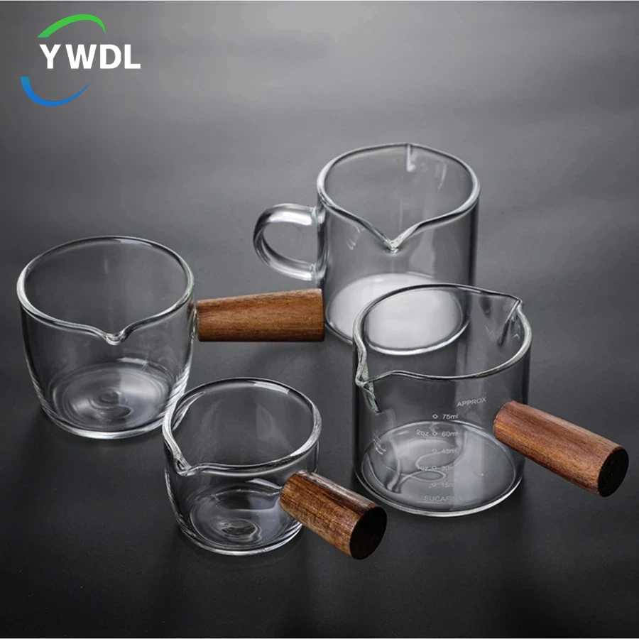YWDL 50/75/100/140ml Wood Handle Glass Espresso Measuring Cup Single Mouth Milk Jug Coffee Supplies Clear Kitchen Measure Mug