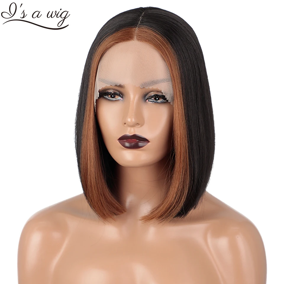 

Парик I's a wig, черные, коричневые короткие прямые парики на сетке спереди для женщин, синтетические парики на сетке средней части, блондинка с эффектом омбре, смешанные коричневые парики боб