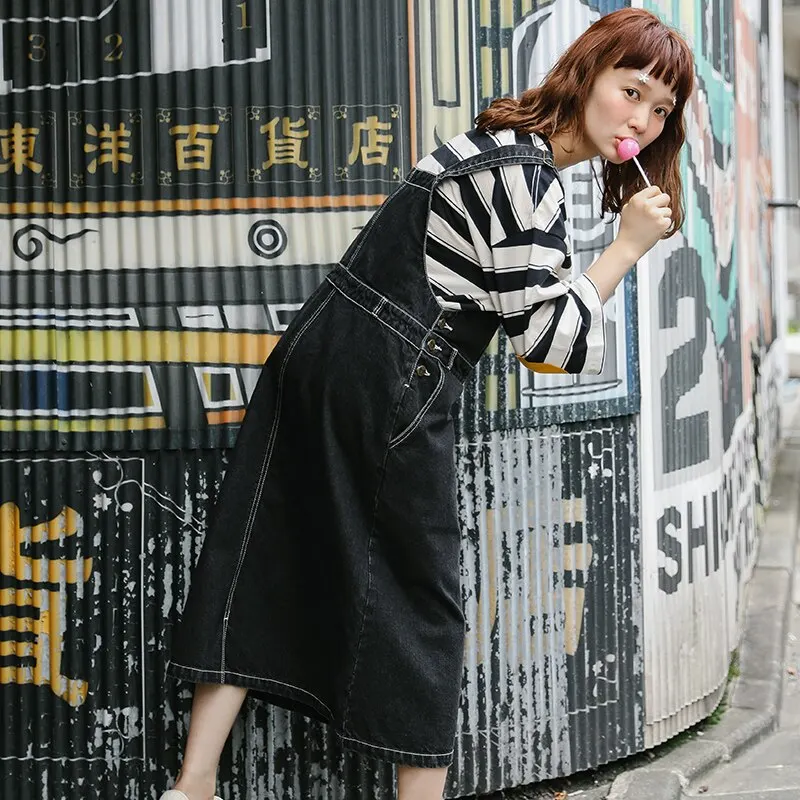 Fashion Striped Denim Overall Dress Loose Casual Women Black Denim