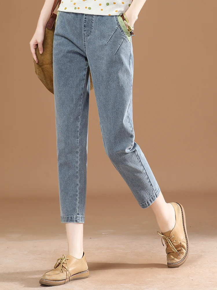 

HCXR Women Jean 2023 Summer Elastic Waist Retro Light Blue Denim Pant Ankle-length Slim Straight Female Trouser