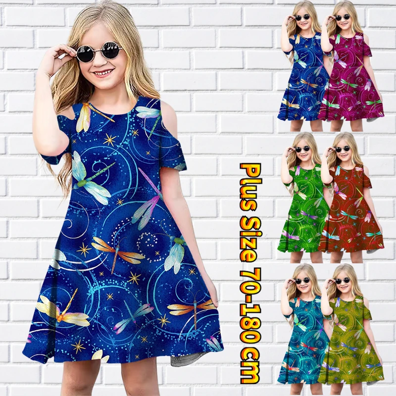 

Summer New Design Printing Trend Midi Skirt Round Neck Short Sleeve Skirt Little Girl Off-the-shoulder Lovely Princess Dress