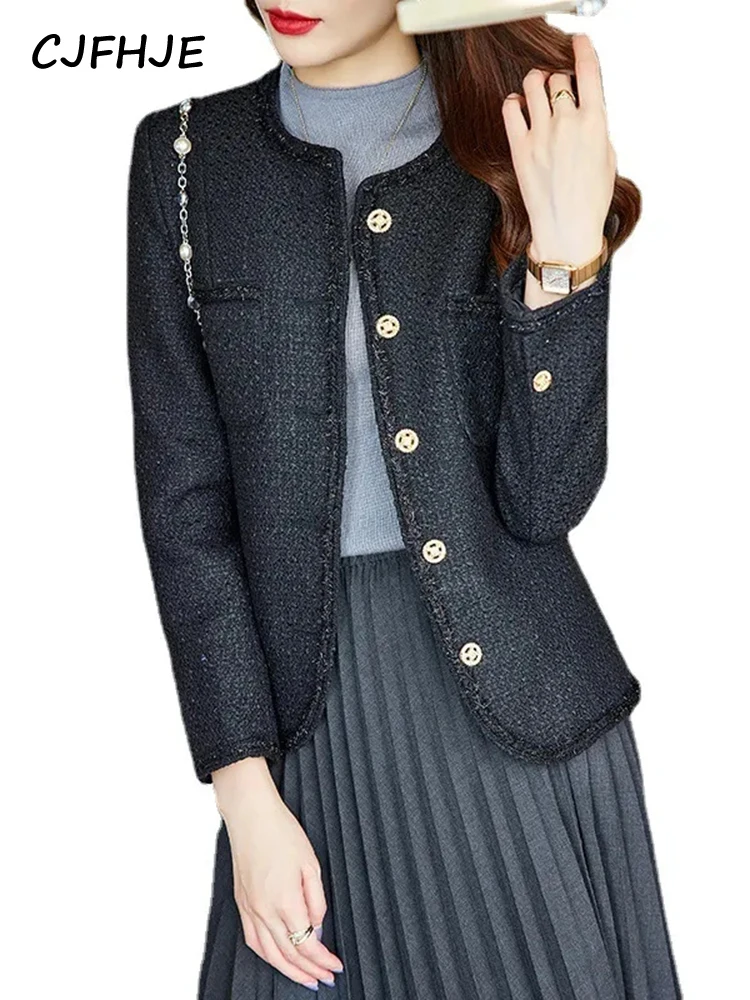 CJFHJE Women Fashion Metal Button Tweed Blazer Coat Korean