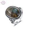 S925 Silver Retro Natural Labradorite Flower Rings Jewelry Silver Large Tiger Eye Engagement Wedding Gift for Women