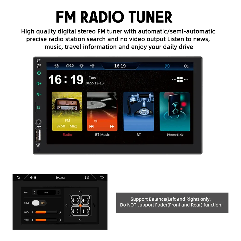 Car MP5 Stereo 7'' 2 Din Capacitive Screen Player Bluetooth FM/EQ/USB/TF/AUX Hands-free Wireless Carplay Android Auto MirrorLink