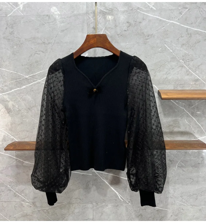 

High Quality Sweaters 2022 Autumn Pullovers Women V-Neck Sexy Tulle Mesh Knitting Patchwork Long Sleeve Casual Black Jumpers