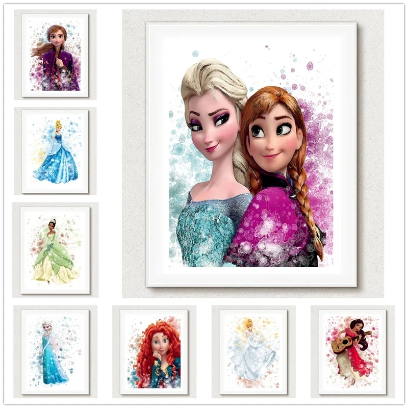 Disney Cartoon Frozen Princess Watercolor Art Canvas Painting Poster