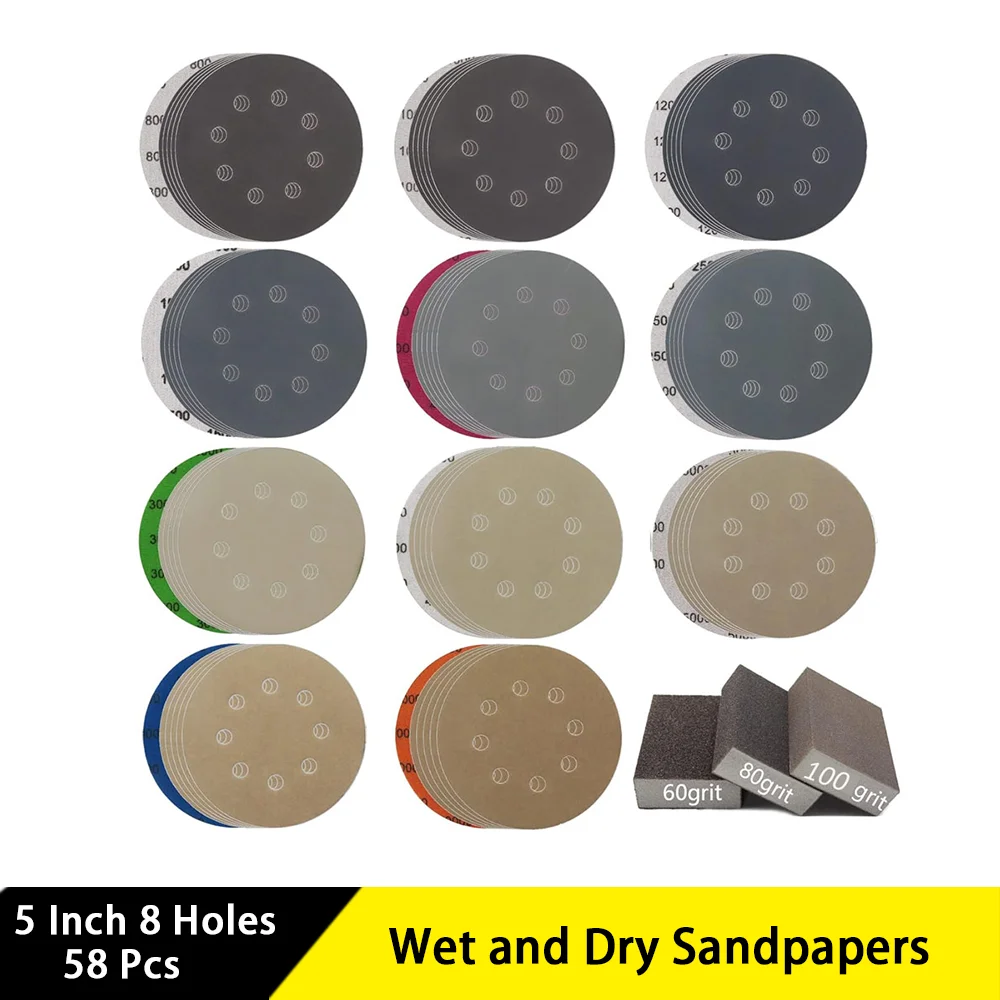 

5 Inch 8 Holes Wet and Dry Sandpapers 58 Pcs Hook and Loop 800-10000 Grits with Sandpaper Block for Polishing Automotive Metal