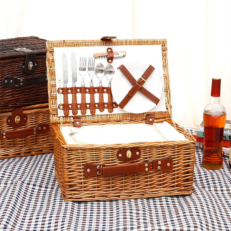 Rattan wicker picnic basket outdoor picnic household storage basket fruit steak vegetable basket with cutlery 3