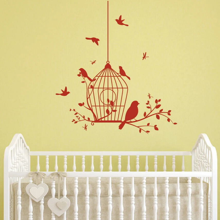Birdcage Birds Wall Decals Nursery Birds Vinyl Wall Stickers for Kids Room Baby Bedroom Decor Mural Removable Decor A598