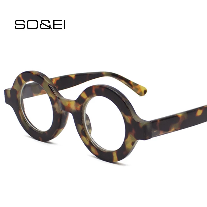 

SO&EI Retro Round Women Glasses Frame Fashion Leopard Champagne Eyewear Clear Anti-Blu-Ray Men Optical Frame Computer Goggles