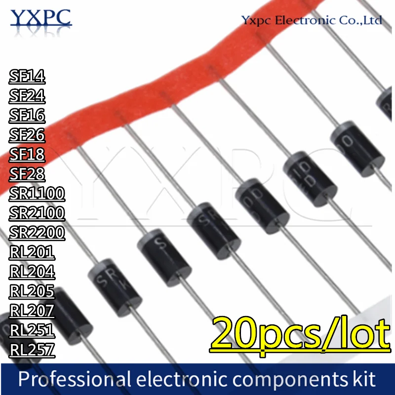 20pcs-Diodes-SF14-SF24-SF16-SF26-SF18-SF28-SR1100-SR2100-SR2200-RL201 ...