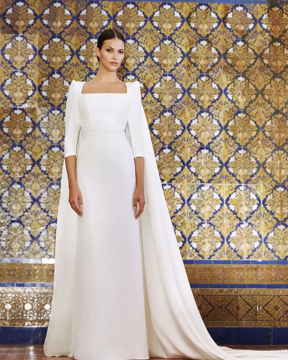 Muslim Wedding Dresses For Brides Half Sleeves Bridal Gown With Long Cape Square Collor Bride Dress Evening Dress Customized 5