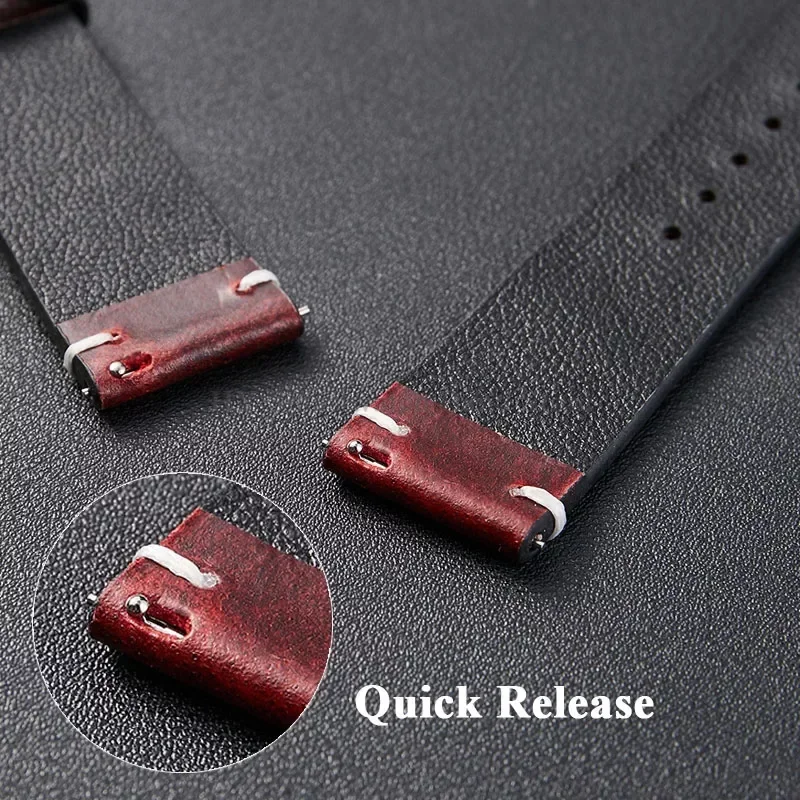Handmade Retro Red Brown Leather Watch Band - Quick Release Calfskin Strap