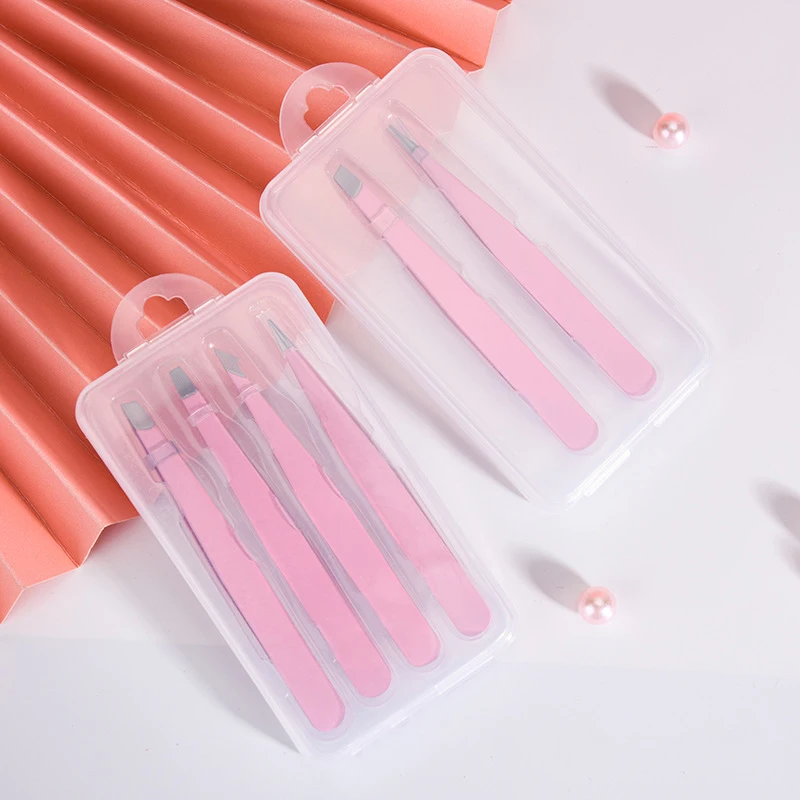 Pink 2/4Pcs High-Quality Eyebrow Tweezer Hair Beauty Fine Hairs Puller Stainless Steel Slanted Brow Clips Removal Makeup Tools 4