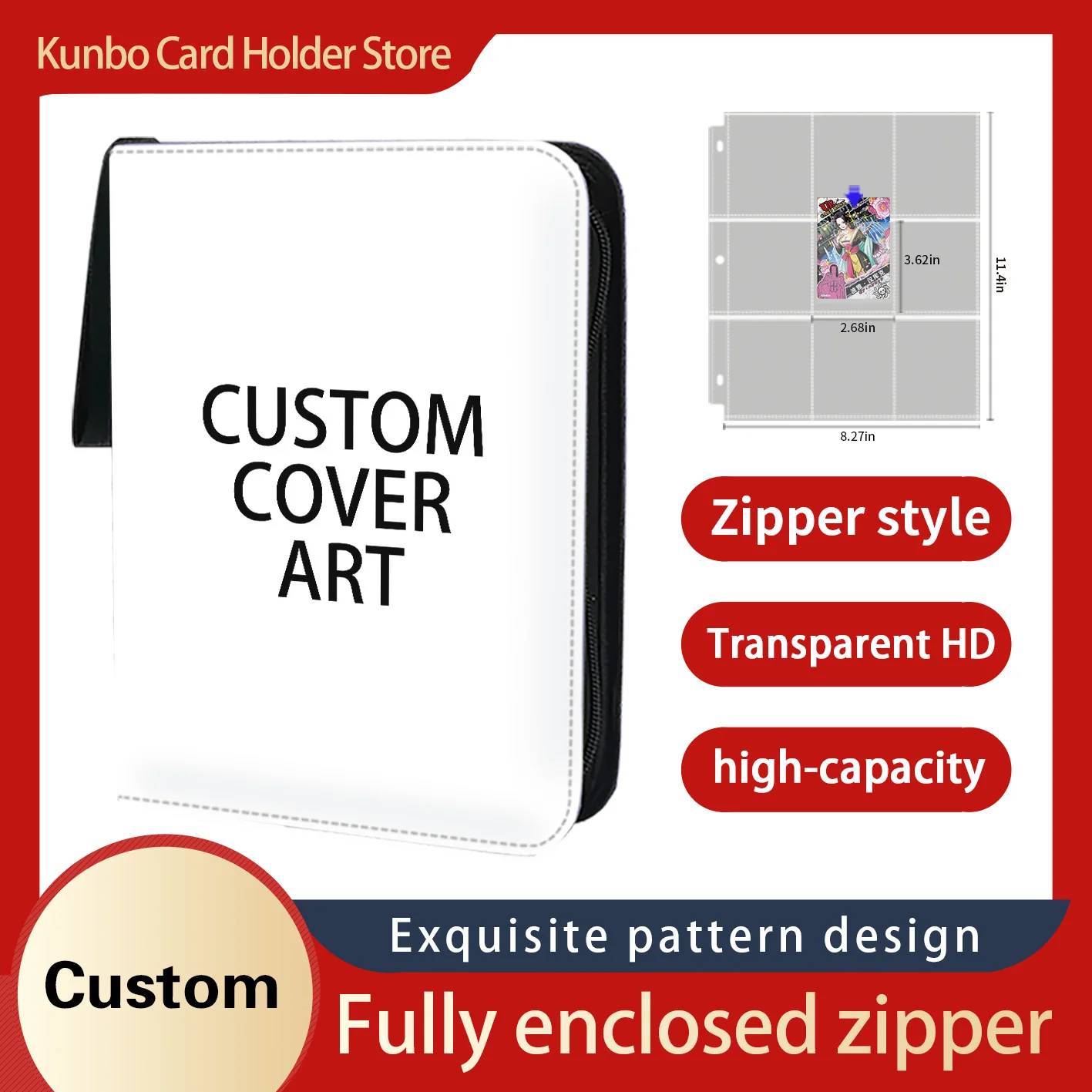 Custom cover art 9 Pocket Trading Card Holder Anime Card Binder  Collector with 50 inner Pages Zipper Holder Up to 900 Cards