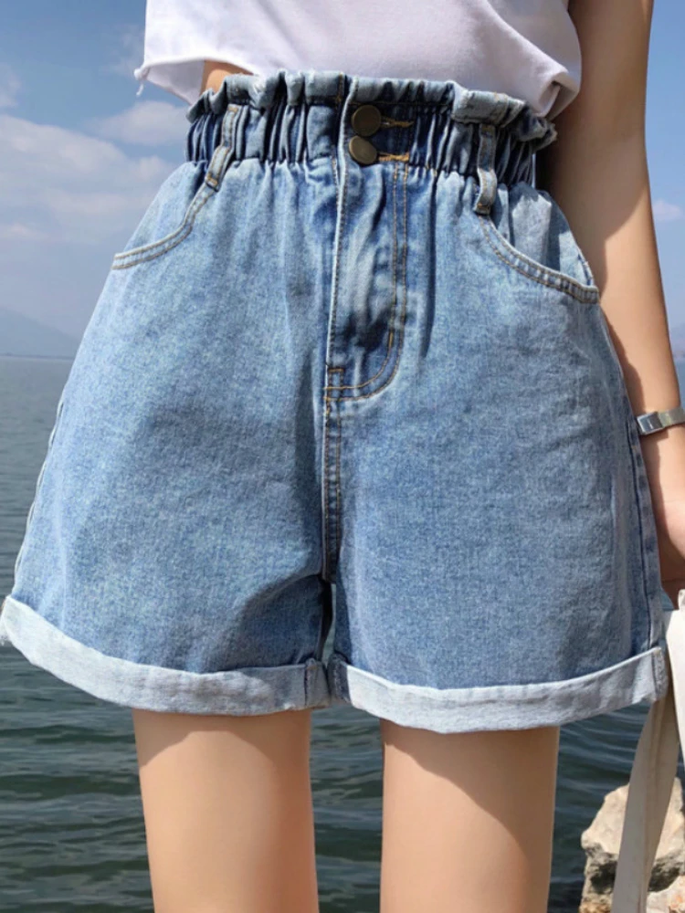 

Plus Size Summer Black Women's Denim Shorts Large Size 5Xl Harem Ruffle White High Waisted Shorts Elastic Waist Jeans for Women