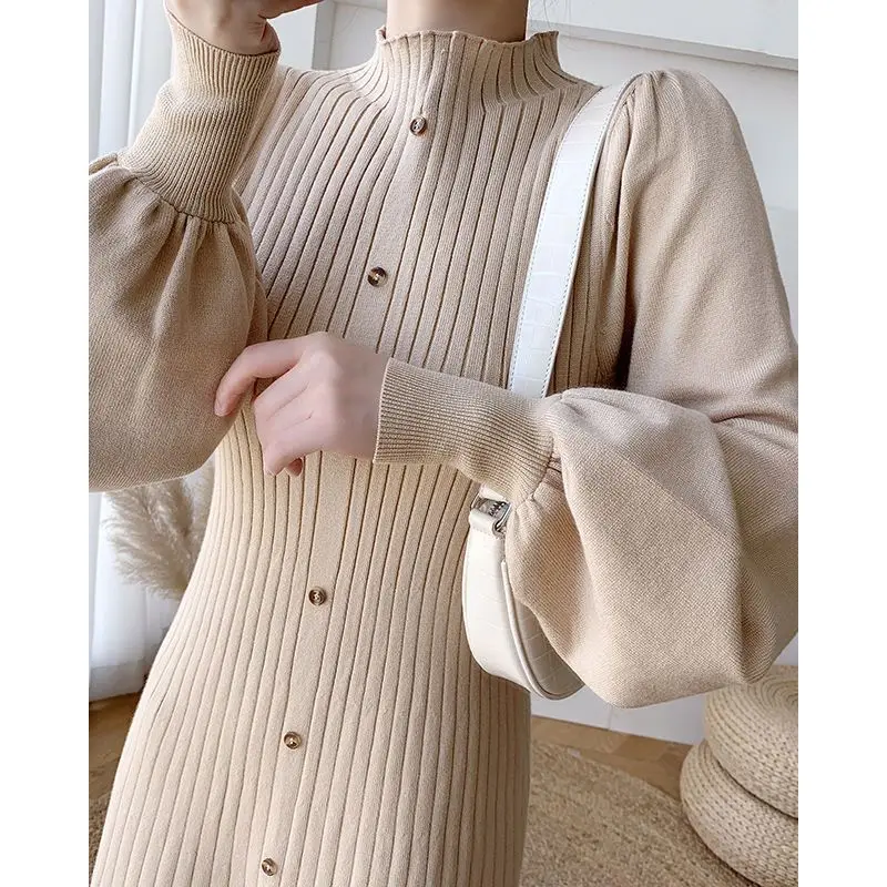 

Vintage Women's Long Dress Party Lantern Sleeves Half High Neck Elegant and Fashionable Women Vesidos Femme Fall 2023 F60