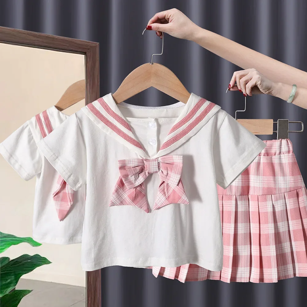 

Girls clothes Set 2024 New Baby Girl Jk Uniform College Style Skirt Bow Tie Plaid Pleated Skirt Two-Piece Summer Dress for Girls