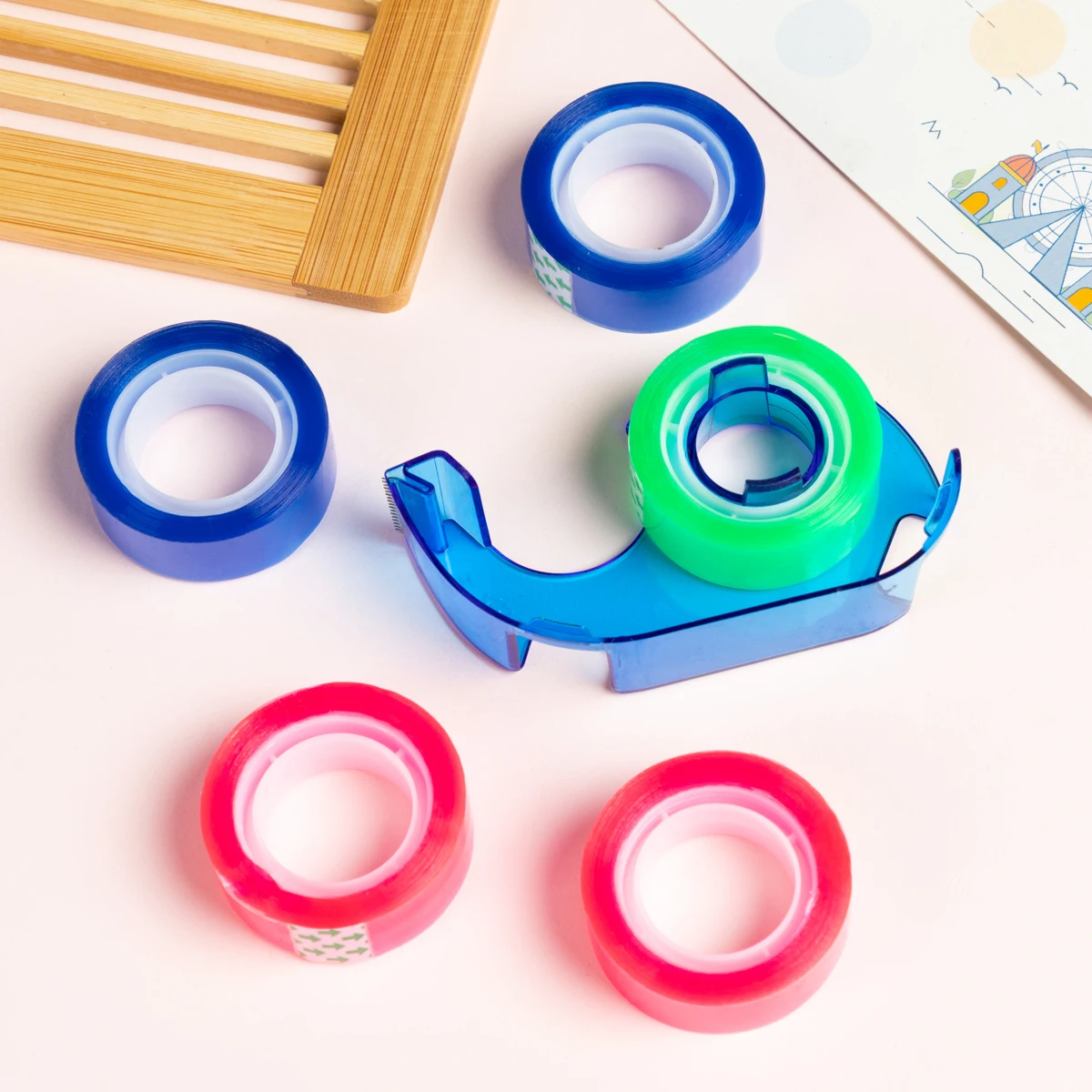 MOTARRO Portable Tape Cutter 15MM*15M with 5 Rolls of Colored Tape Storage Cutting Seat Dispenser Holder