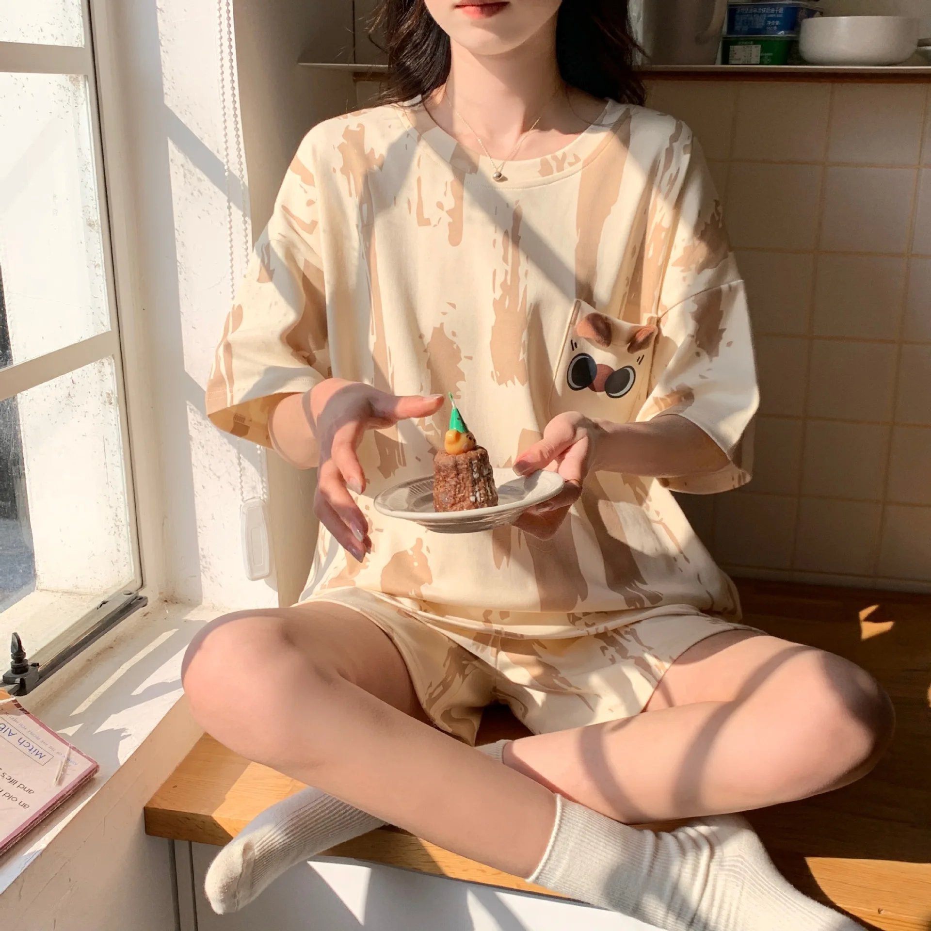 Summer Cotton Cartoon Pajamas Sets Women Pyjamas Sleepwear Nightwear Pijama Calf-Length Pants Homewear Comfort Fashion Pijamas